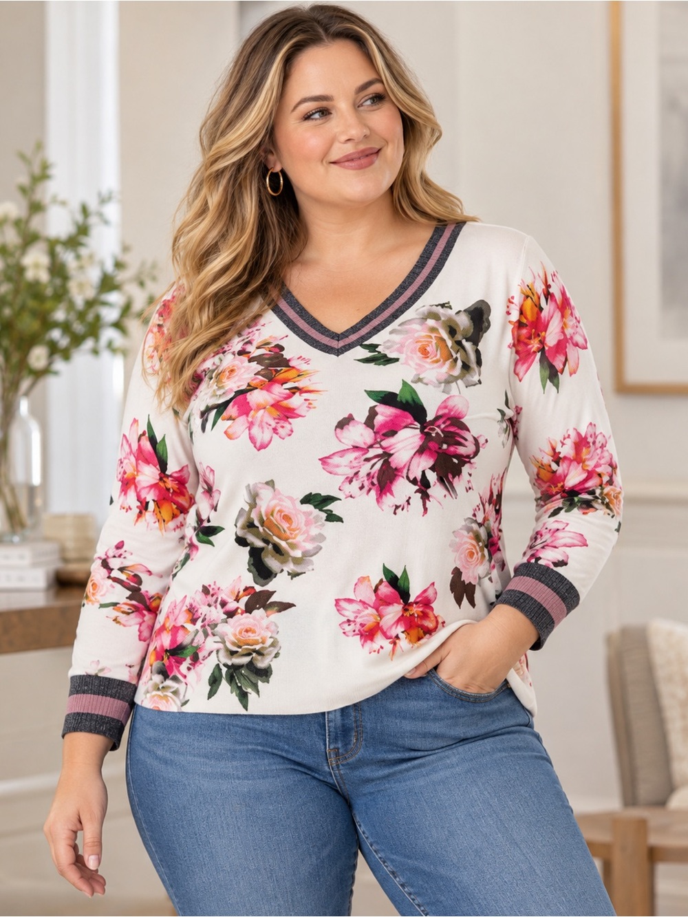 INC International Concepts Floral V Neck Sweater Pink Cream Plus Size 1X